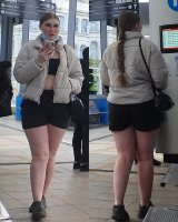 CANDID: Chav piggy shows her belly and chunky legs off